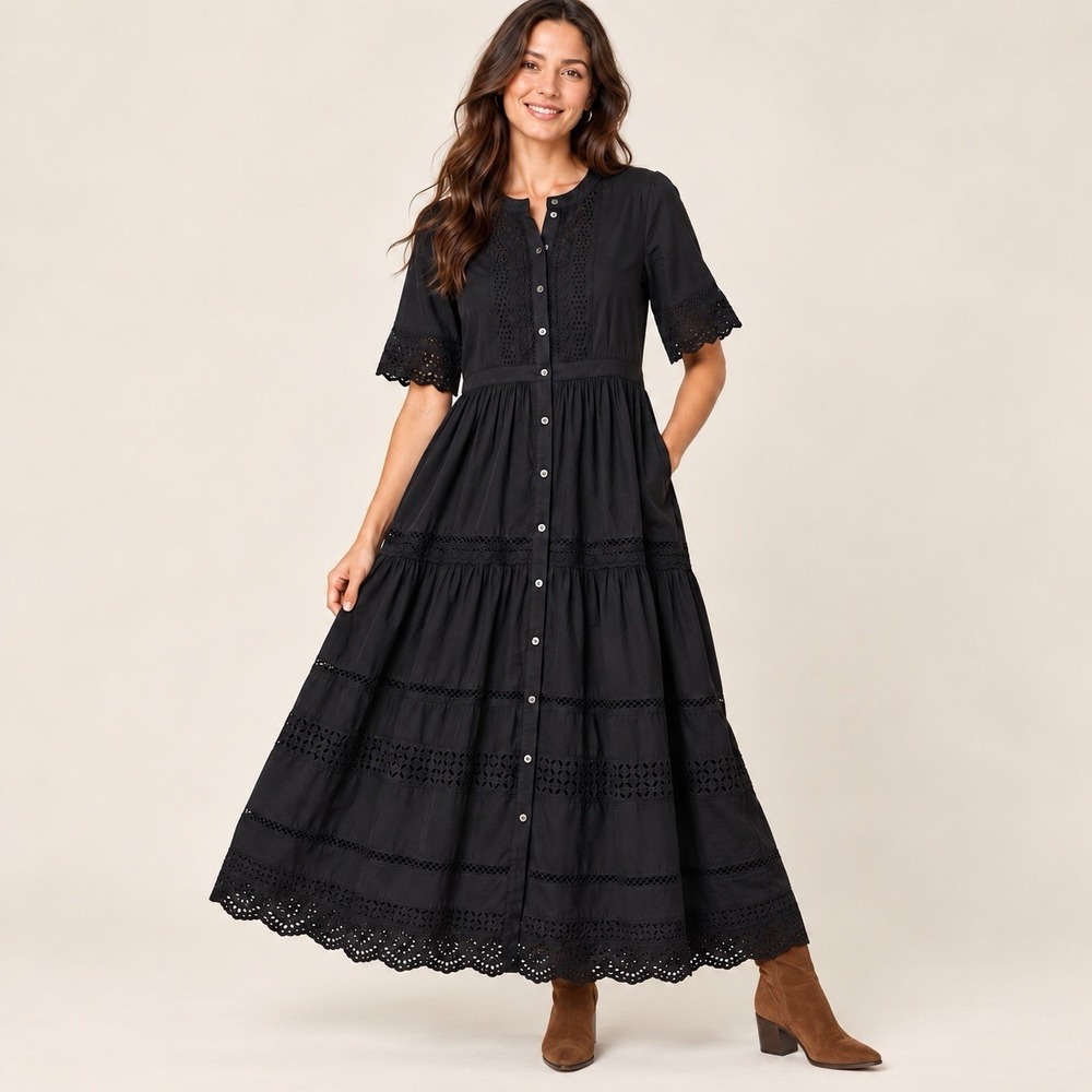 Gap Black Maxi Dress XL Tall Cotton Eyelet Lace Button Front Tiered Boho